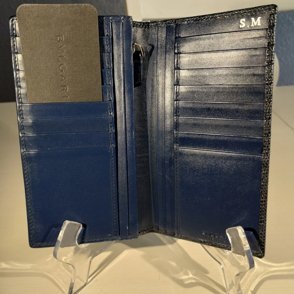Authentic Blue Bvlgari Unisex Long Leather Wallet Made In Italy with COA